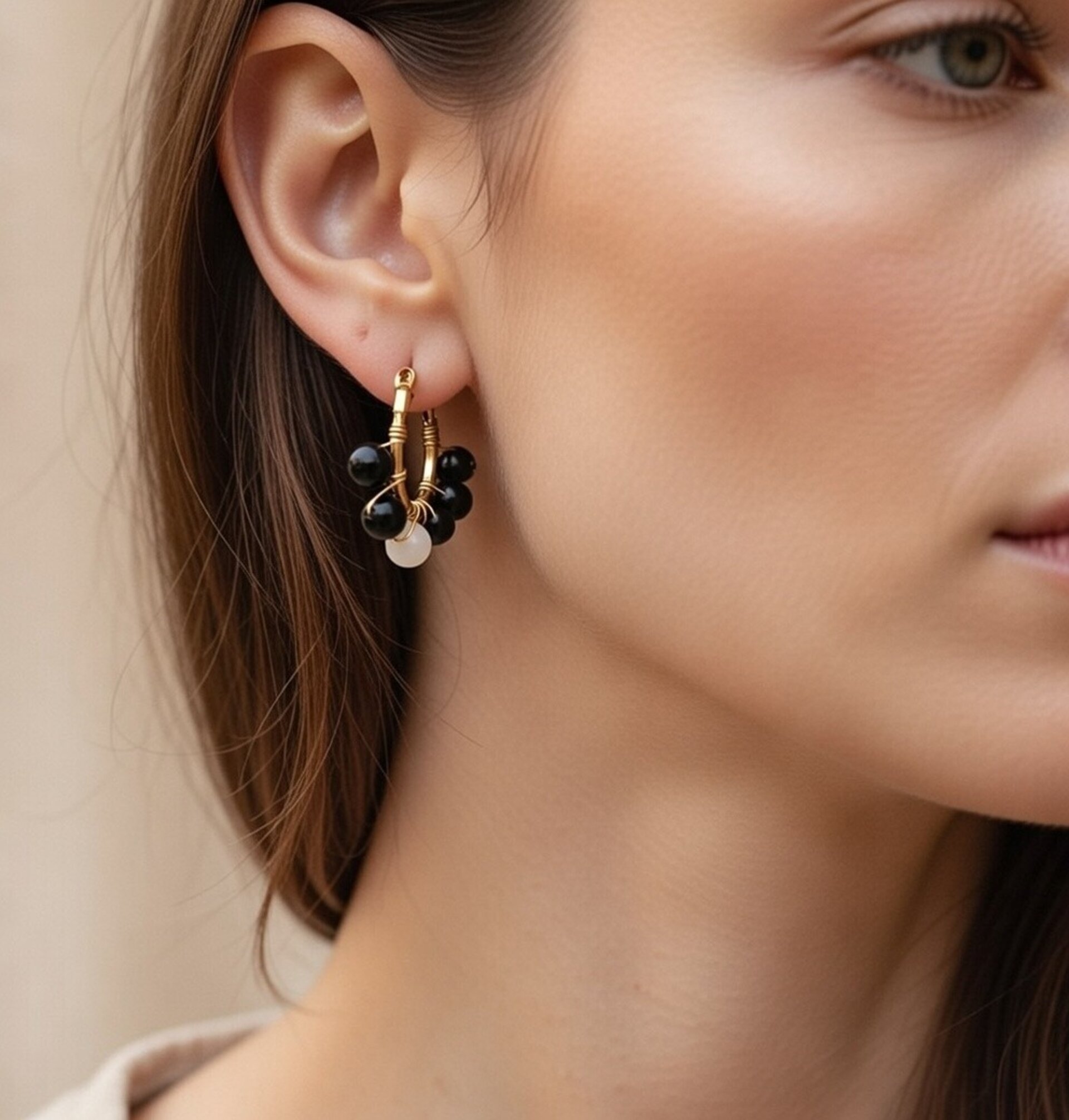 Aros Ágata negra y cuarzo blanco - 2